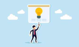 Businessman pulling a projector screen displaying a light, illustration of education, socialization, and promotion related to interesting and attractive ideas vector