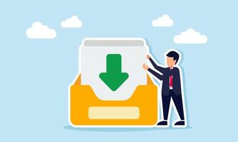 Businessman holding a paper with a downward arrow from a folder, illustration of preparing documents to download as part of business file requirements vector
