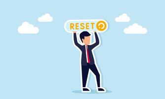 Businessman holding a sign with the word Reset and a circular symbol, illustration of a call, persuasion, or campaign to reset business settings or work systems. vector