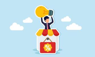 Businessman holding a lamp emerging from behind a store with a percentage label tag, illustration of IDR to run a sales promotion strategy vector