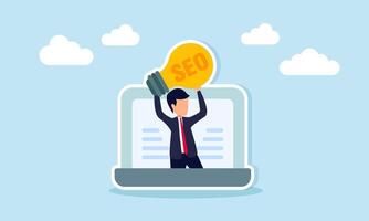 Businessman Emerging from Laptop Holding SEO Lightbulb Representing Keyword Optimization Ideas and Strategies vector
