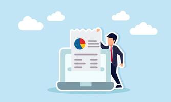 Businessman pulling paper with data and pie chart from laptop screen illustration depicting digital record-keeping system vector