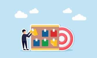 Businessman attaching a paper to a noteboard next to a target board, illustration of noting down shortcomings and suggestions for business target completion vector