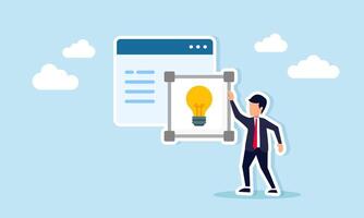 Businessman standing next to a square light sign beside an application interface, illustration of designing and applying the right business ideas vector