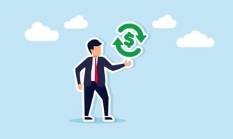 Businessman shows dollar sign and continuous symbol illustration of utilizing company finances for continuous growth vector