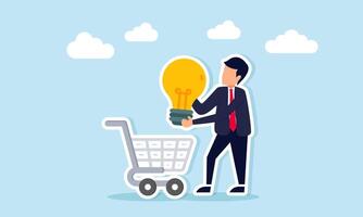 Businessman holding a lamp and intending to place it into a basket, illustration of finding the right idea inspiration vector