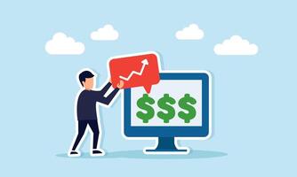 Businessman holding a check-marked chat dialog next to a monitor with three dollars, illustration of improving quality aligned with higher company profit vector
