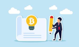 Businessman holding a pencil standing next to paper and a lightbulb with a bitcoin symbol illustration of designing a bitcoin investment strategy vector