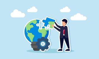 Businessman assembling light puzzle from globe illustrating completion of global business system idea vector