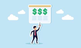 Businessman pulling a projector screen displaying a dollar sign, illustration of education, socialization, and promotion related to proper business financial management vector