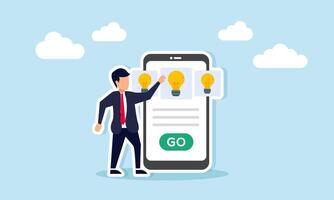 Businessman standing beside smartphone displaying light bulb icons, illustration of selecting and determining the right business idea vector