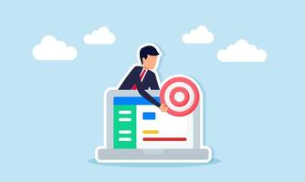 Businessman appears from behind laptop taking target board from laptop illustration of designing and completing business targets digitally and online vector