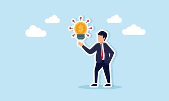 Businessman presenting light from dollar coin with robot-like indicator ornament illustrating digital finance innovation vector