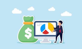 Businessman holding part of a pie chart from a monitor next to a sack of money illustration of dividend distribution or business share percentage accumulation vector