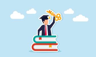 Businessman emerging from behind a stack of books wearing a graduation cap holding a key, illustration of key to success as a source of literacy vector