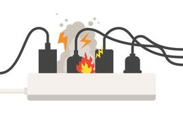 Socket and light the fire from overload, electrical cable series with fire, smoke, sparks, short circuit vector