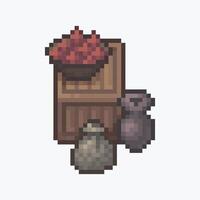 top view crate and jar goods in pixel art style with isolated background vector