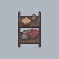 top view short double rack shelf with goods in pixel art style vector