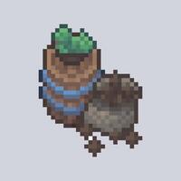 top view wooden barrel and sack goods in pixel art style with isolated background vector