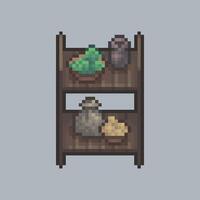 top view short shelf with goods in pixel art style vector