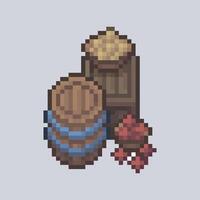 top view crate and barrel goods in pixel art style with isolated background vector