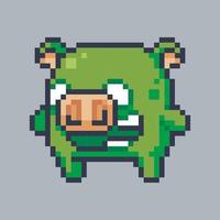 cute smile green pig monster in pixel art style with isolated background vector