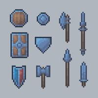 iron weapons and shields collection set in pixel art style vector