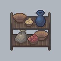 top view double rack shelf with object in pixel art style vector
