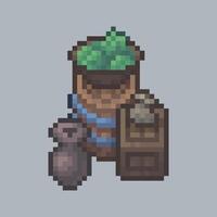 top view wooden barrel and crate goods in pixel art style with isolated background vector