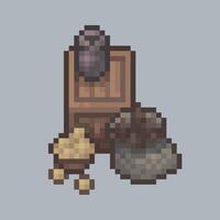 top view crate and sack goods in pixel art style with isolated background vector