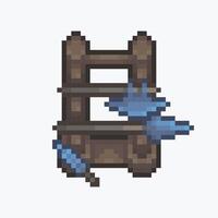 standing weapon rack with spear and axe in pixel art style vector