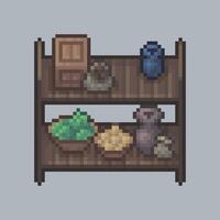 top view double rack shelf with goods in pixel art style vector