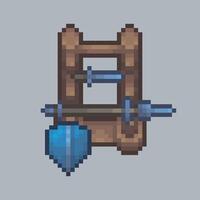 top view weapon rack with shield in pixel art style with isolated background vector