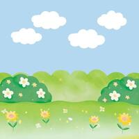 A Whimsical Spring Landscape with Flowers and Clouds in watercolor design vector