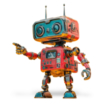 Colorful robot design with retro features pointing enthusiastically in a creative setting png