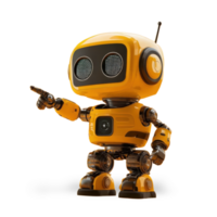 Cute yellow robot pointing with a playful gesture in a bright and futuristic setting png