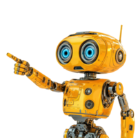 Colorful robot with blue eyes gesturing towards the left in a futuristic setting png