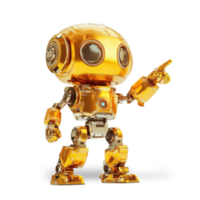 Shiny golden robot figure pointing with enthusiasm and showcasing intricate design details in a modern setting png