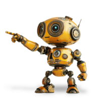Robot character with expressive eyes and distinctive yellow design pointing towards an unseen object in a futuristic setting png
