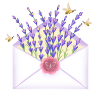 mano disegnato luminosa lavanda fiore nel carino Busta con cera foca nel il forma di un' la farfalla. nazione vita concetto, Vintage ▾ rustico fascino, bene per Stampa, manifesto, carta o sfondo. png