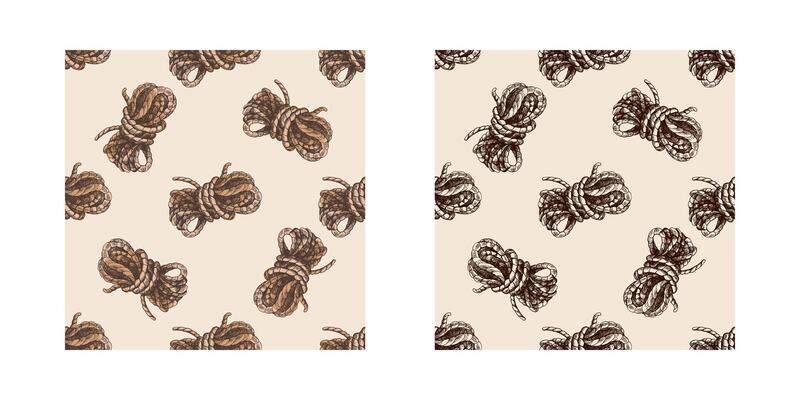 Colorful hand drawn seamless pattern sketch set of twisted ropes in retro engraving style for hiking and outdoor use