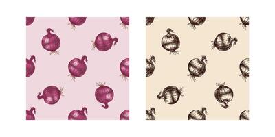 Hand-drawn vintage sketch seamless pattern set of onion bulbs in, brown ink vector