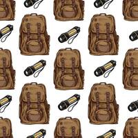 Hand drawn colored seamless pattern with hiking backpack and flashlight in vintage sketch style vector