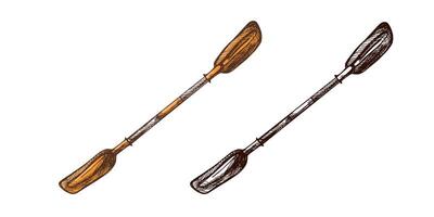 Hand drawn vintage colored and black sketch of kayak double blade paddle for rafting, canoeing and outdoor water adventures vector