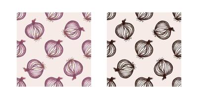 Hand-drawn vintage sketch seamless pattern set of sliced onion bulbs in, brown ink vector