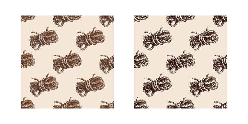 Hand-drawn vintage seamless pattern set of coiled ropes for camping and hiking adventures, retro sketch nautical design isolated