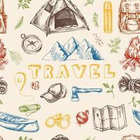 Hand drawn vintage sketch seamless pattern of colorful hiking and camping gear with tent, compass, axe and travel icons on light background vector