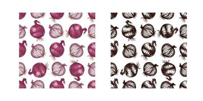 Seamless pattern set with hand drawn onions in vintage engraved sketch style vector
