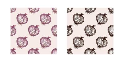 Hand drawn sketch seamless pattern set of sliced onion bulbs in, brown ink vector