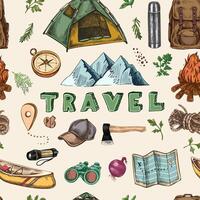 Hand drawn vintage sketch colored seamless pattern of colorful hiking and camping gear with tent, compass, axe and travel icons on light background vector